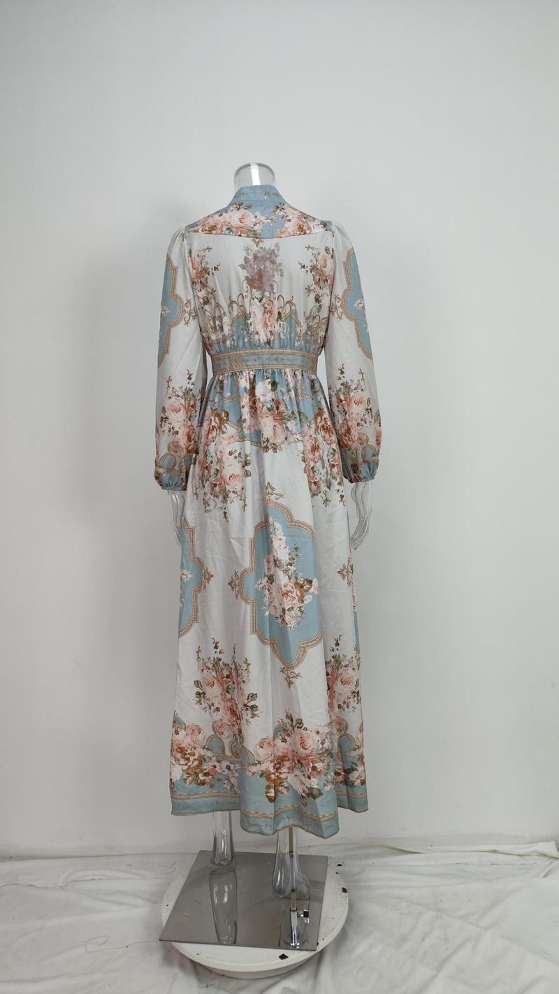 Elegant V-Neck Printed Long Sleeve Dress - Image 3