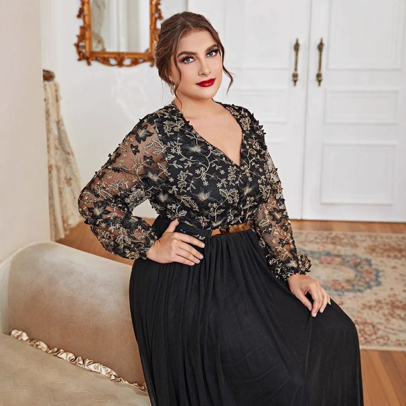 Black Panel V-Neck Long A-Line Dress - Image 4