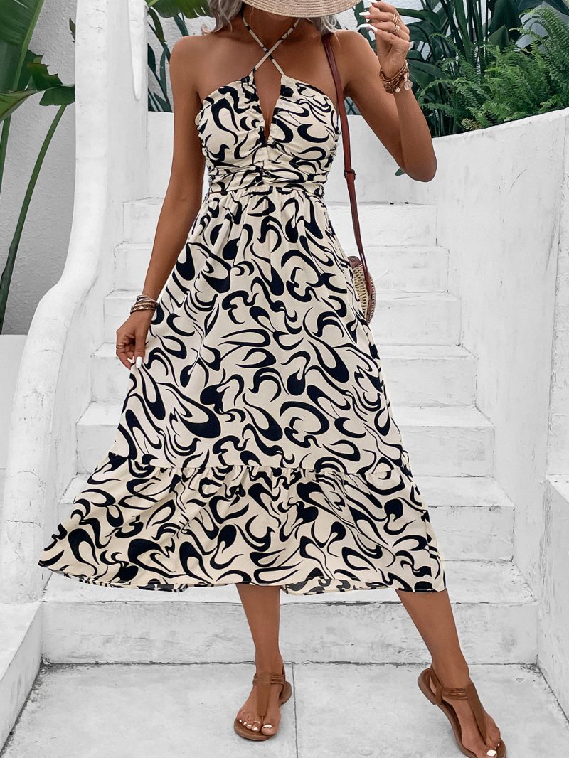 Printed Halter Backless High Waist Summer Dress - Image 2