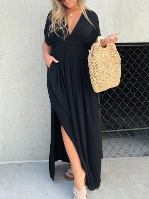 Summer V-Neck Bat Sleeve Slit Dress Women