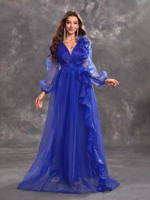 Elegant V-Neck Flounce Long Evening Dress