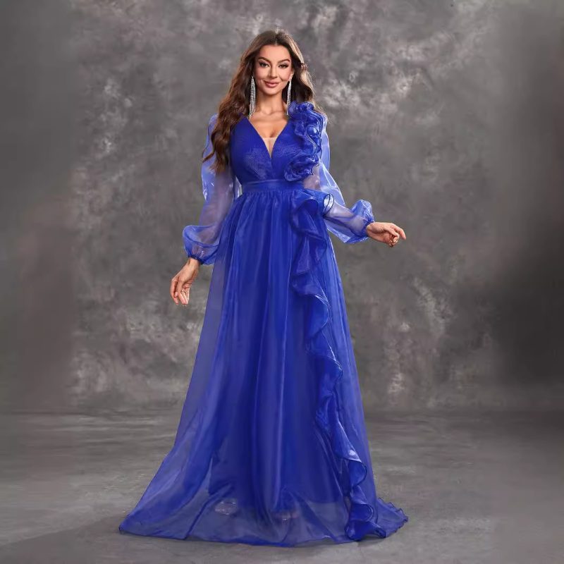Elegant V-Neck Flounce Long Evening Dress