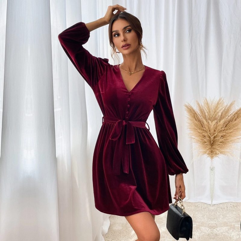 Velvet V-Neck Long Sleeve Cocktail Dress - Image 2