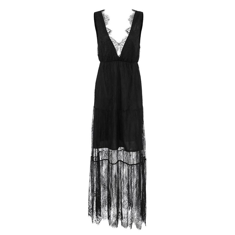 Black Brocade Lace V-Neck Backless Dress - Image 4