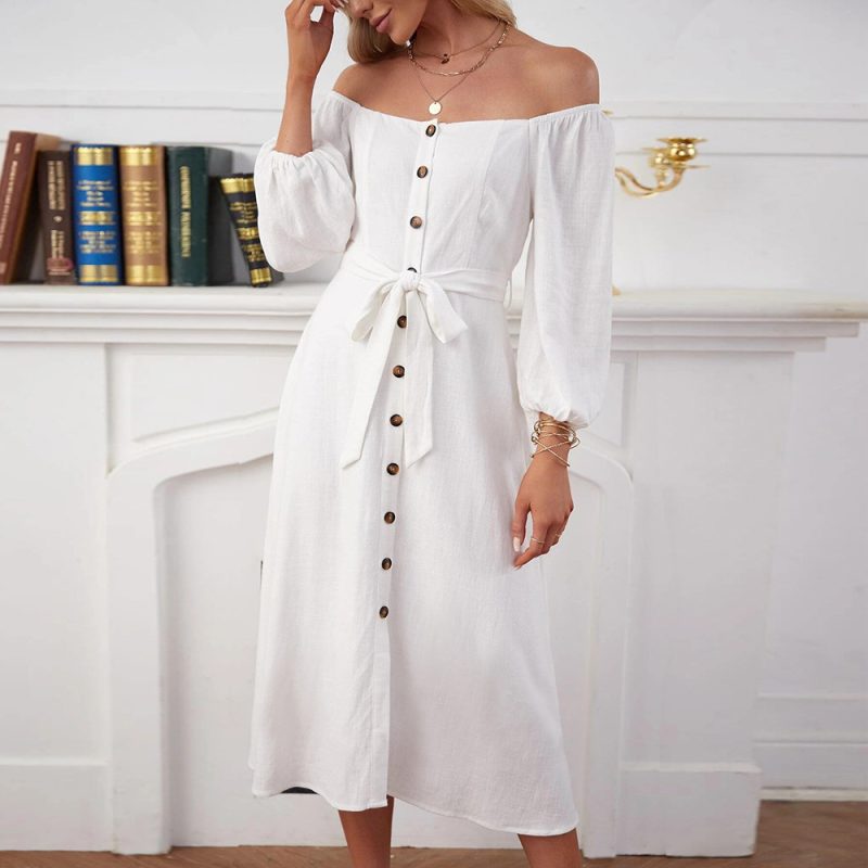 Office Off Neck Buttoned Split Midi Dress - Image 4