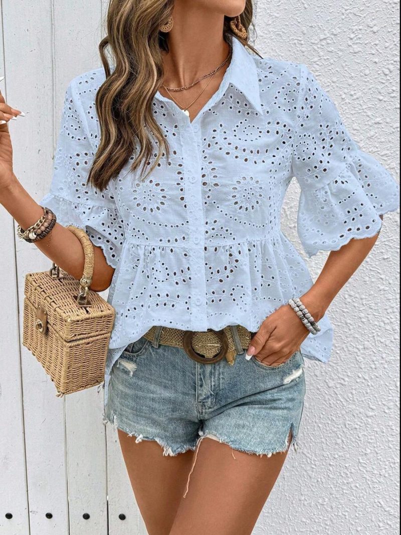 Spring Summer Mid-Sleeve Collared Lace Hollow-Out Chiffon Shirt - Image 4