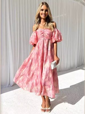 Elegant Off Neck Floral Mid Waist Dress