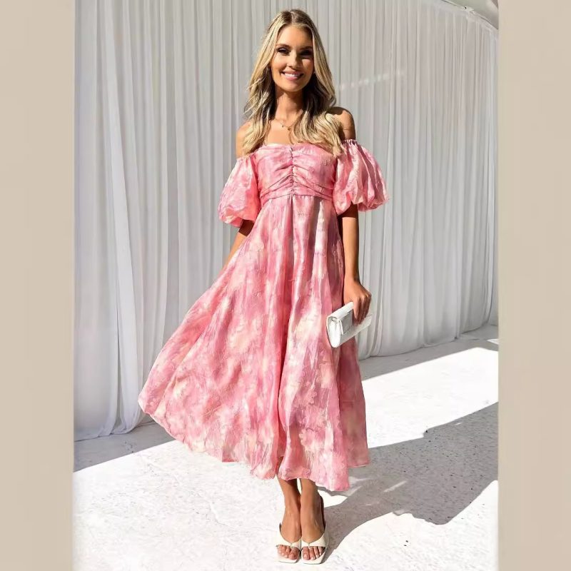 Elegant Off Neck Floral Mid Waist Dress