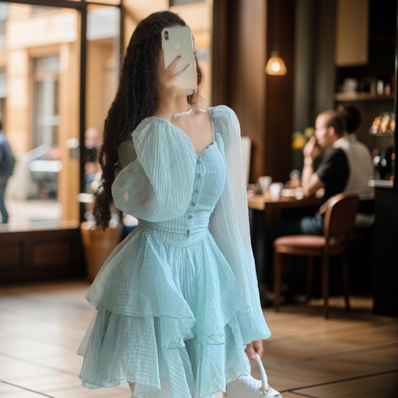 Early Autumn French Puff Sleeve Tiered Dress - Image 4