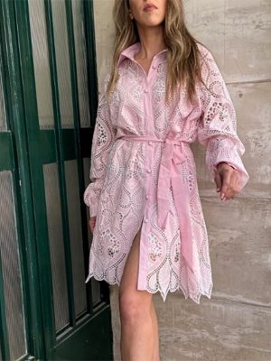 Summer Embroidered Polo Collar Lace-Up Asymmetric Dress