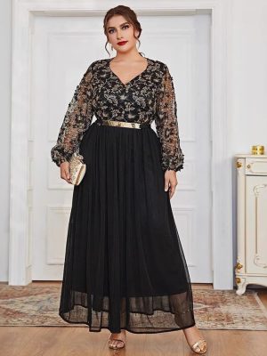 Black Panel V-Neck Long A-Line Dress