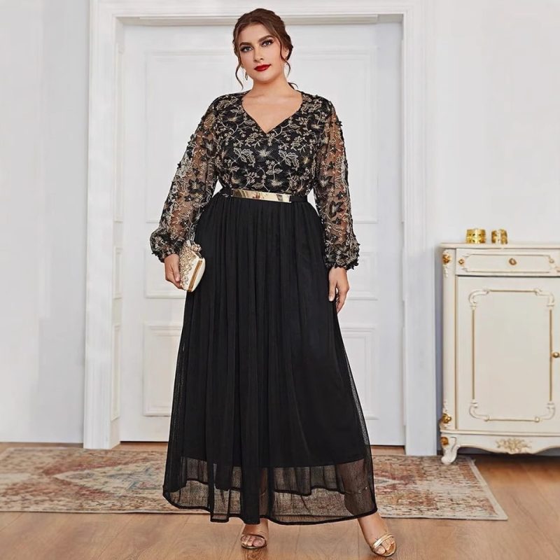 Black Panel V-Neck Long A-Line Dress