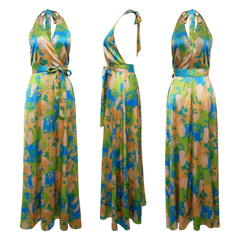 Printed Satin Backless Maxi Dress – Summer Halter Style - Image 4