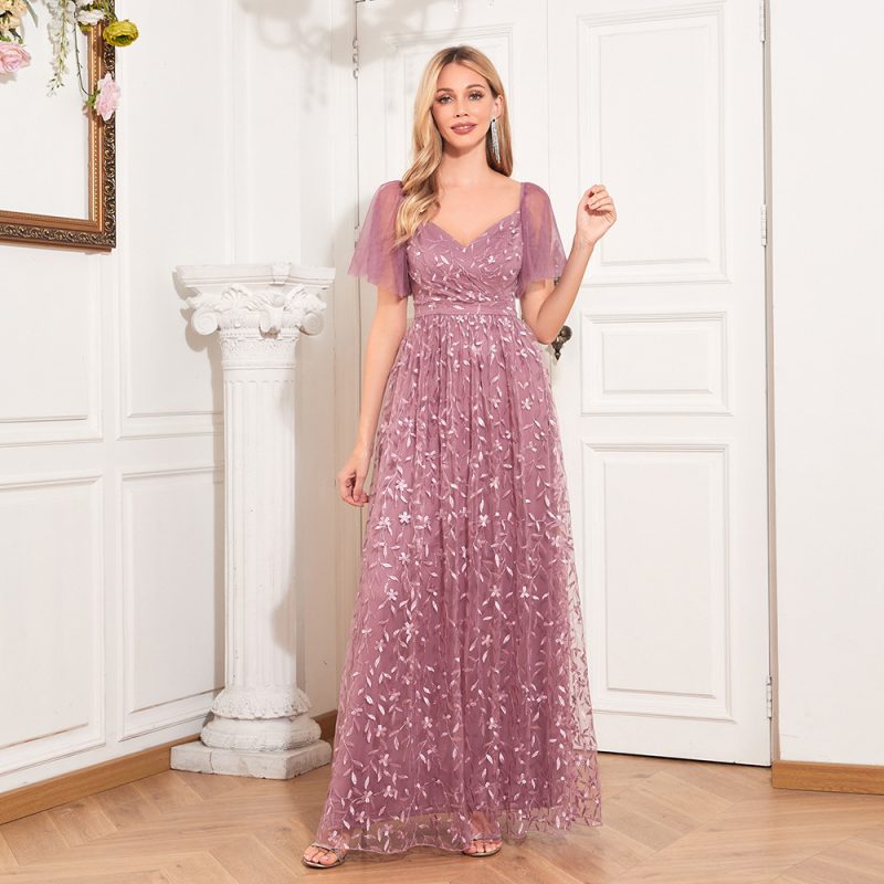 Elegant Sheer Sleeve Embroidered V-Neck Evening Dress - Image 2