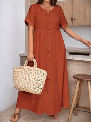 Plus Size Cotton Linen High Waist Dress