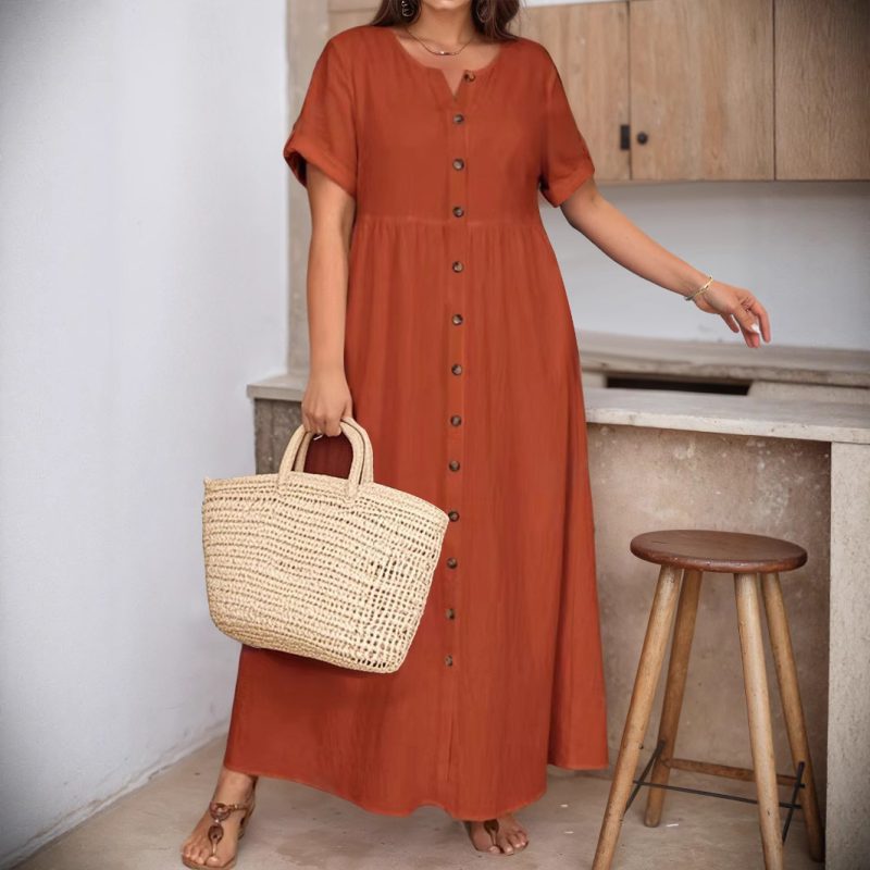 Plus Size Cotton Linen High Waist Dress