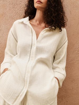 Women’s Cotton Lace Cutout Long Sleeve Breathable Shirt
