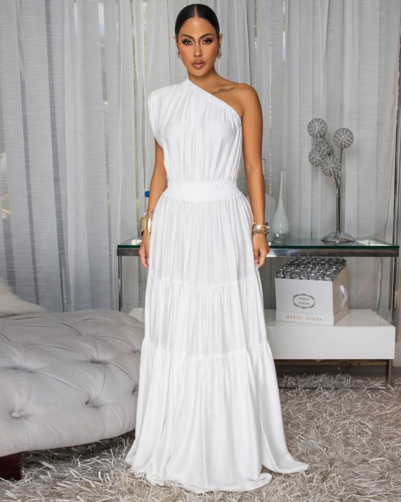 Elegant Solid Shoulder Stitch Dress for Vacation - Image 2