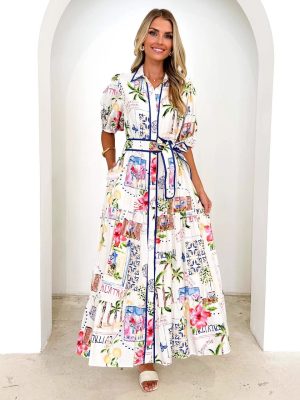 Floral Cotton Linen Lace-Up Short Sleeve Dress