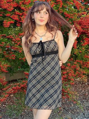 French Plaid Lace Stitch A-Line Strap Dress