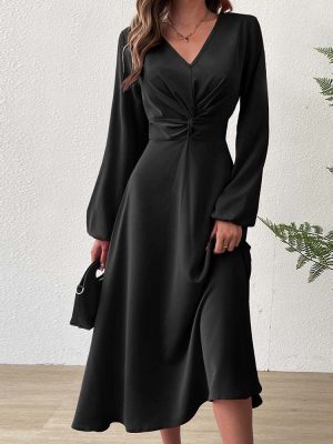 Elegant French V-Neck High Waist Midi Dress