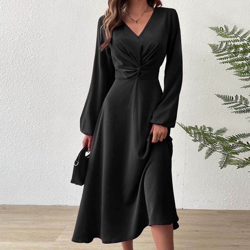 Elegant French V-Neck High Waist Midi Dress