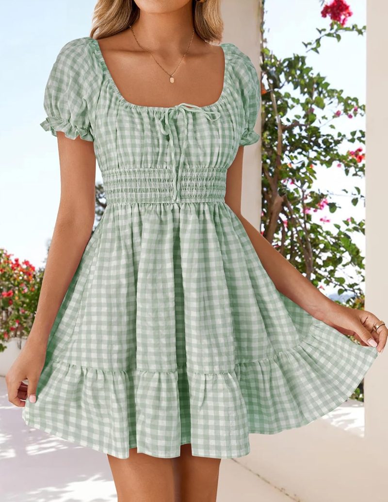 Plaid Square Neck Waist-Tight Swing Dress - Image 3