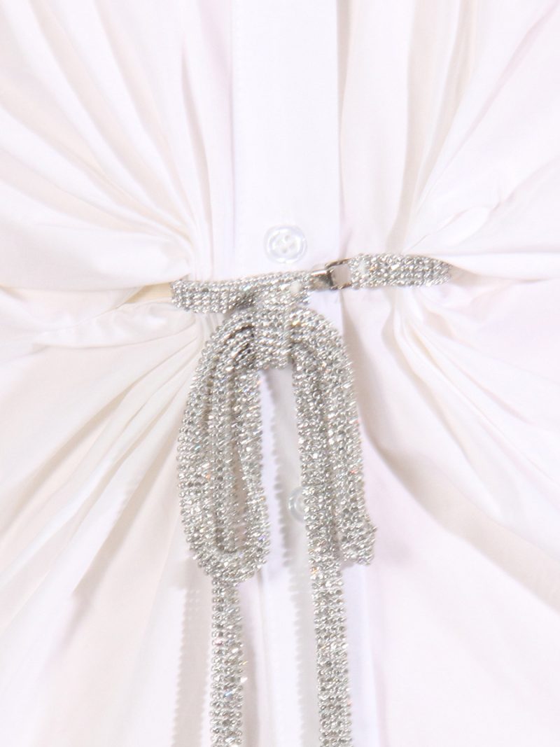 Spring Polo Collar Crystal Embellished Shirt Dress - Image 4