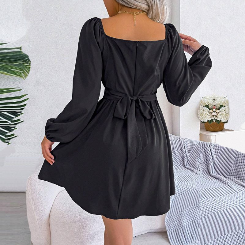 French Intellectual Square Collar Slim Pleated Dress - Image 2