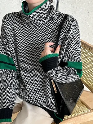 Color Block High Neck Sweater Women Vintage Style