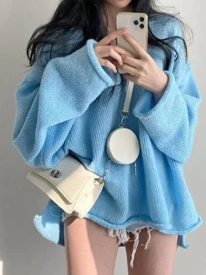 Vintage V-Neck Rolled Edge Knit Sweater Women