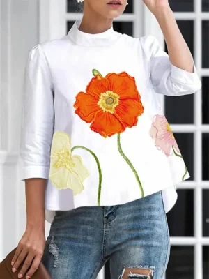 Floral Print Stand Collar Top