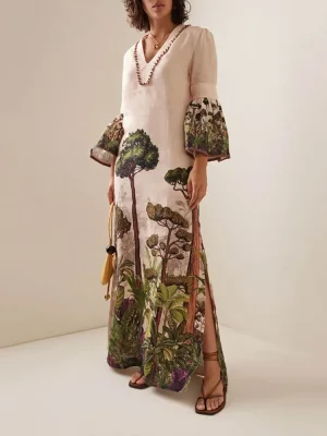 Vintage Leaves Print Maxi Dress