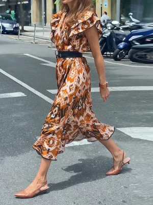 Ruffle Sleeve V-Neck Maxi Dress