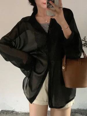 Summer Solid Chiffon Long Sleeve Blouse