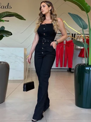 Black Sleeveless Button-Up Jumpsuit