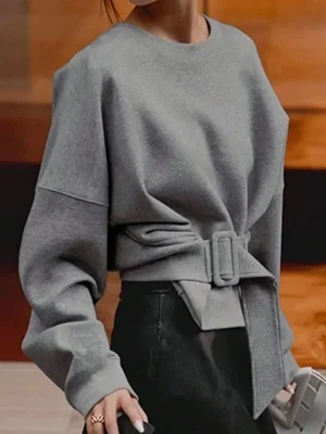 Gray Loose Fit Belted Sweatshirt