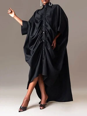 Pleated Lapel Shirt Dress