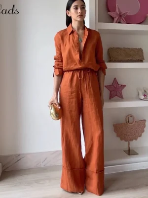 Button Shirt & Wide Leg Pants Set