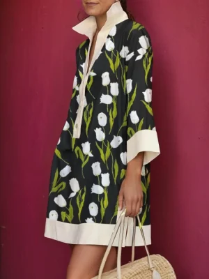 Stylish Floral Lapel Midi Dress