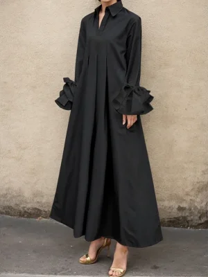 Elegant Lapel Pleated Maxi Dress