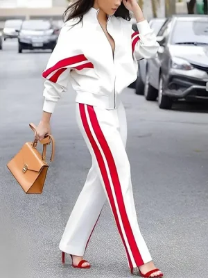 Casual Striped Pants & Stand Collar Jacket