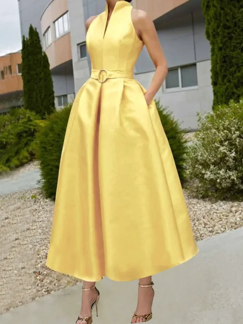 Elegant Belted A-line Midi Dress