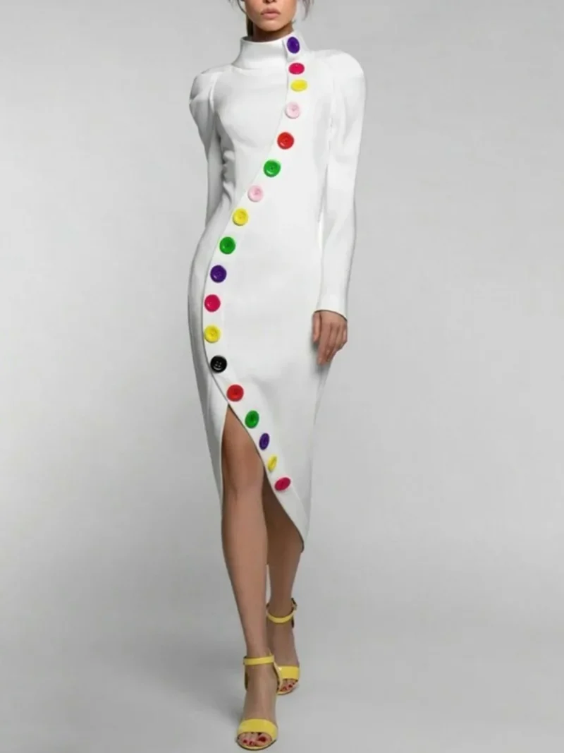 Colorful Buttoned High-Neck Dress - Image 2