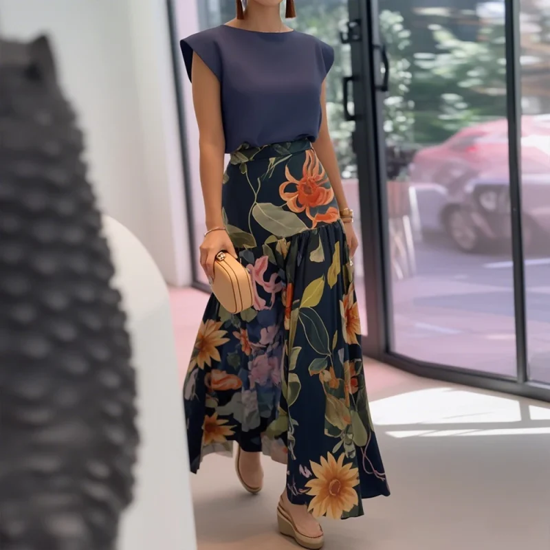 Solid Top & Floral Skirt Set - Image 3