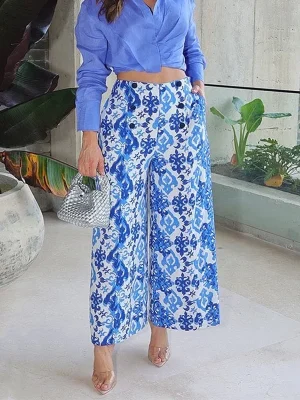 V-Neck Pullover Top & Wide-Leg Printed Pants