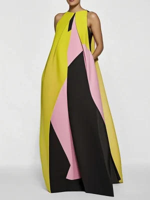 Color Block Pleated A-Line Maxi Dress
