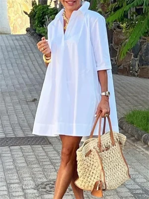 Solid Color Lapel Mini Dress