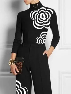 Long Sleeve Black Flower Print Tee