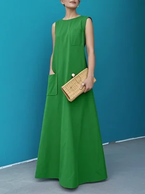 Green Cotton A-Line Maxi Dress
